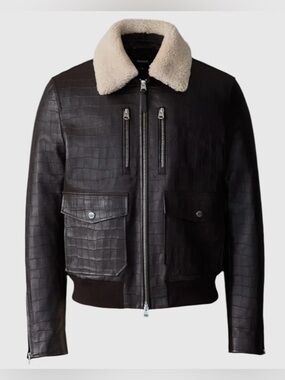 MACKAGE CHANCE-NV Croc-Embossed Leather Jacket Shearling Collar Brown Crocodile